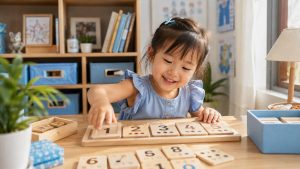 Bé đang hào hứng tương tác với bộ thẻ số Montessori tại góc học tập