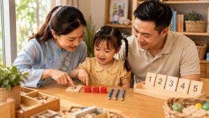 Bố mẹ đang hướng dẫn con đếm số lượng đồ vật đi kèm với thẻ số