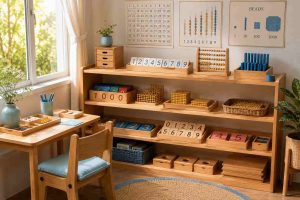Góc học tập ngăn nắp với đồ dùng học tập thẻ số Montessori