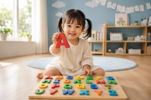 Bảng chữ cái cho trẻ 3 tuổi với khối gỗ đầy màu sắc.